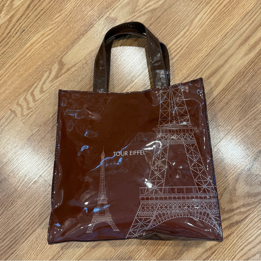 New NWT 6 Seas Paris Tour Eiffel Brown Faux Patent Leather‎ small Tote Hand Bag